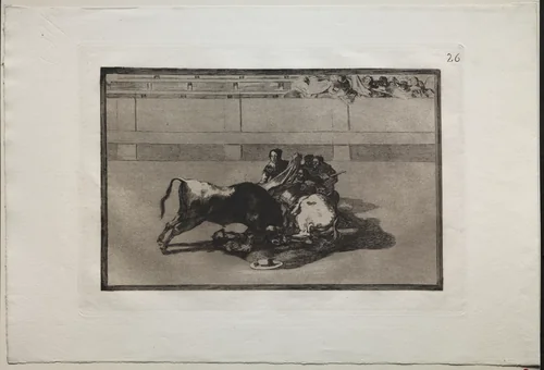 Bullfights: A Picador is Unhorsed and Falls Under the Bull by Francisco de Goya, print, 1816-1876