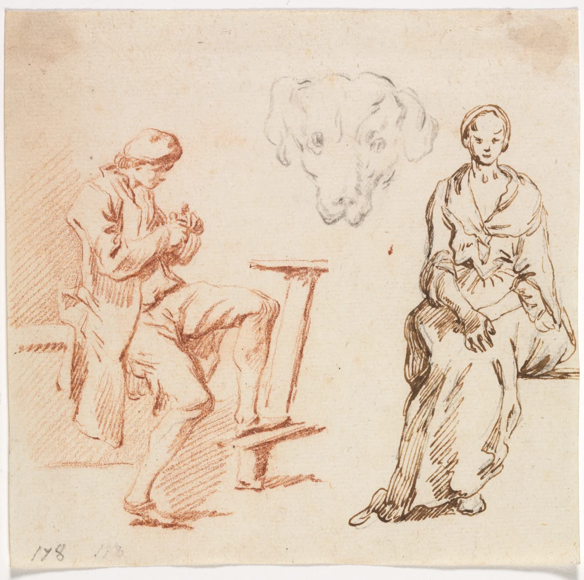 Sheet of Studies: Seated Man, Head of a Dog, Seated Woman by Claude Joseph Vernet, drawing, 1734-1789