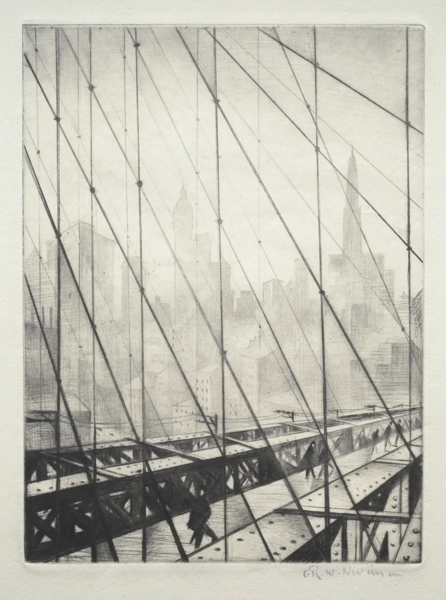 Looking through Brooklyn Bridge by Christopher Nevinson, print, 1921