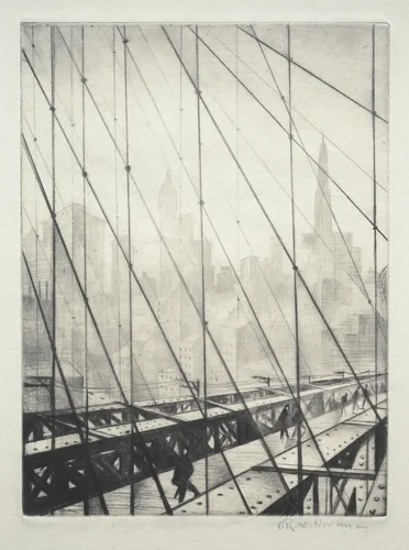 Looking through Brooklyn Bridge by Christopher Nevinson, print, 1921