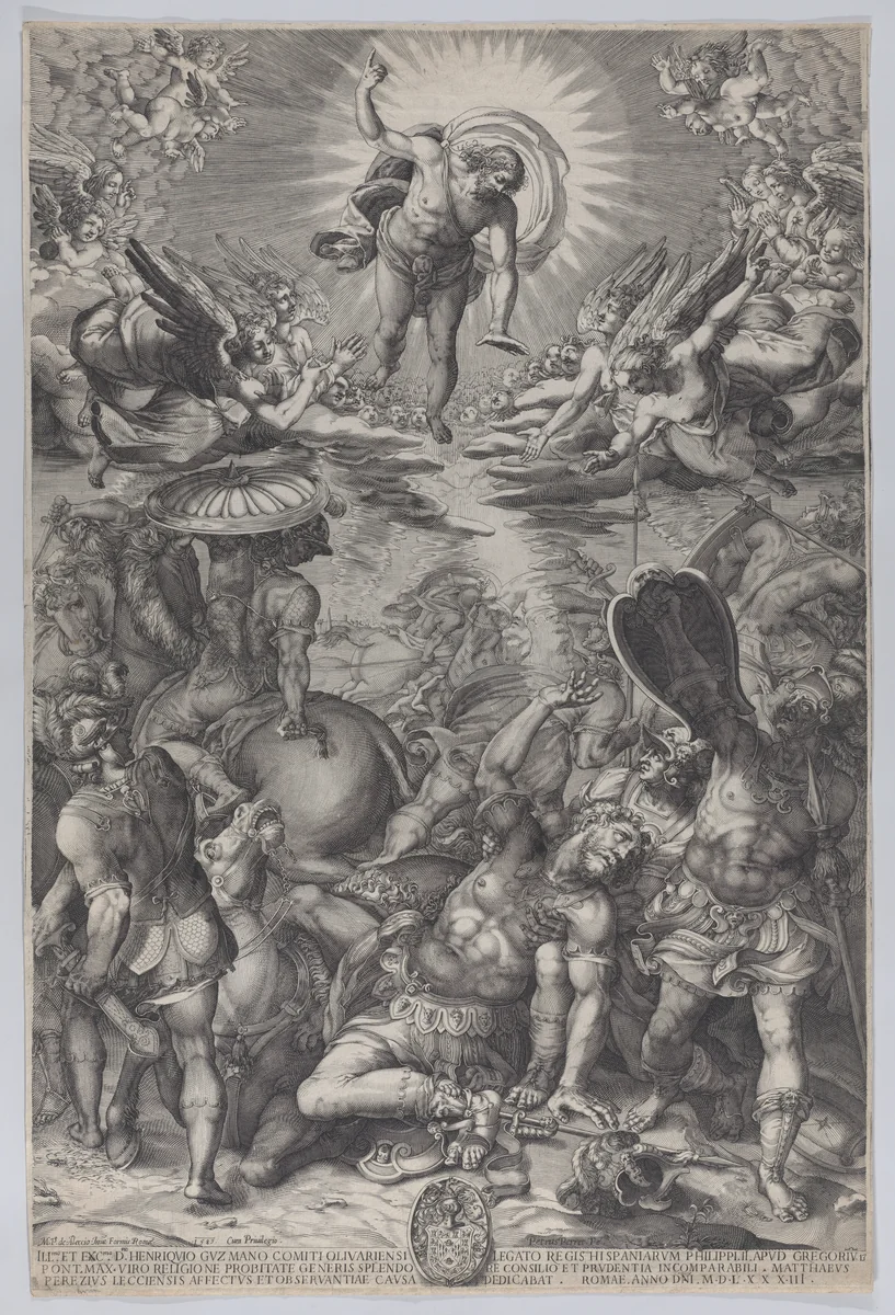 The conversion of Saul, who lies on the ground surrounded by horses and soldiers as Christ appears above him by Pieter Perret, print, 1583