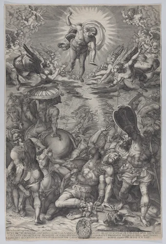 The conversion of Saul, who lies on the ground surrounded by horses and soldiers as Christ appears above him by Pieter Perret, print, 1583