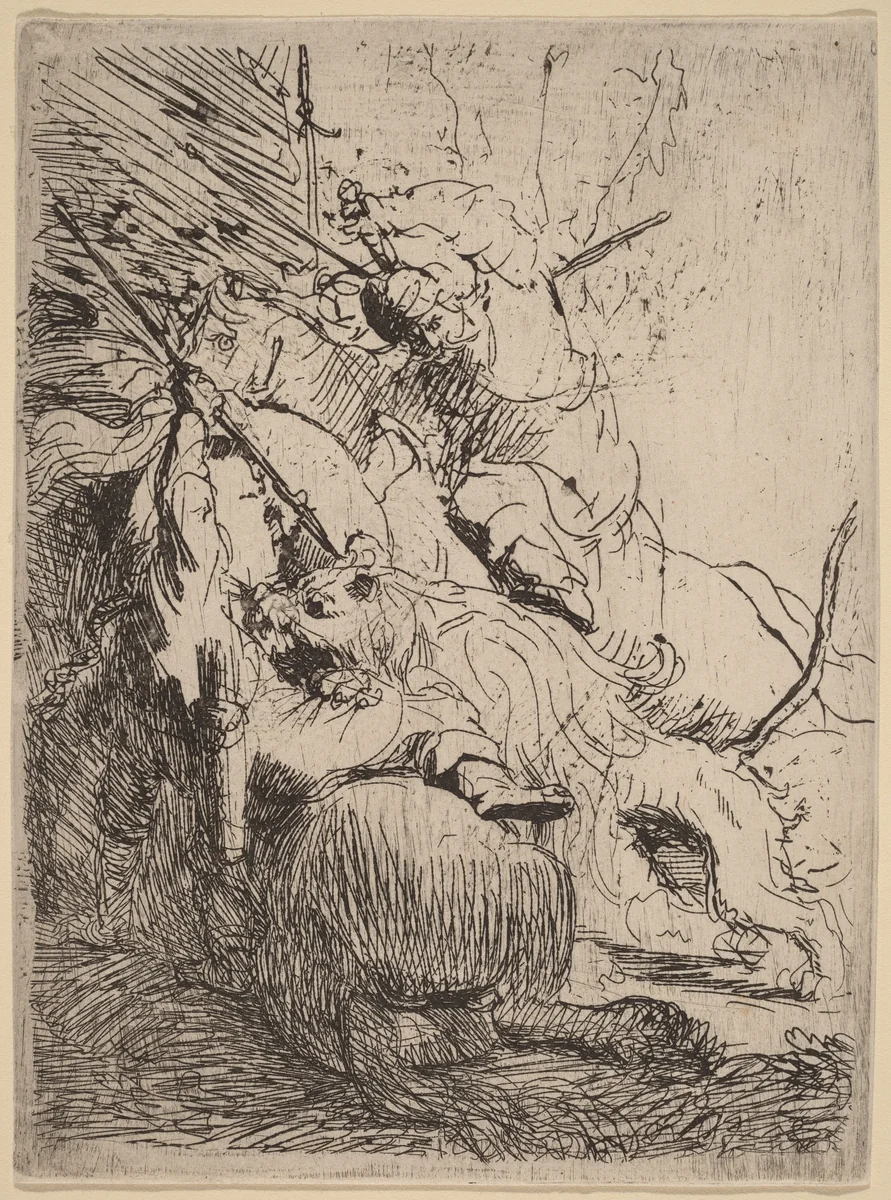 The Small Lion Hunt (with One Lion) by Rembrandt van Rijn, print, 1629