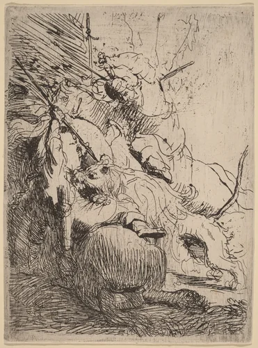 The Small Lion Hunt (with One Lion) by Rembrandt van Rijn, print, 1629