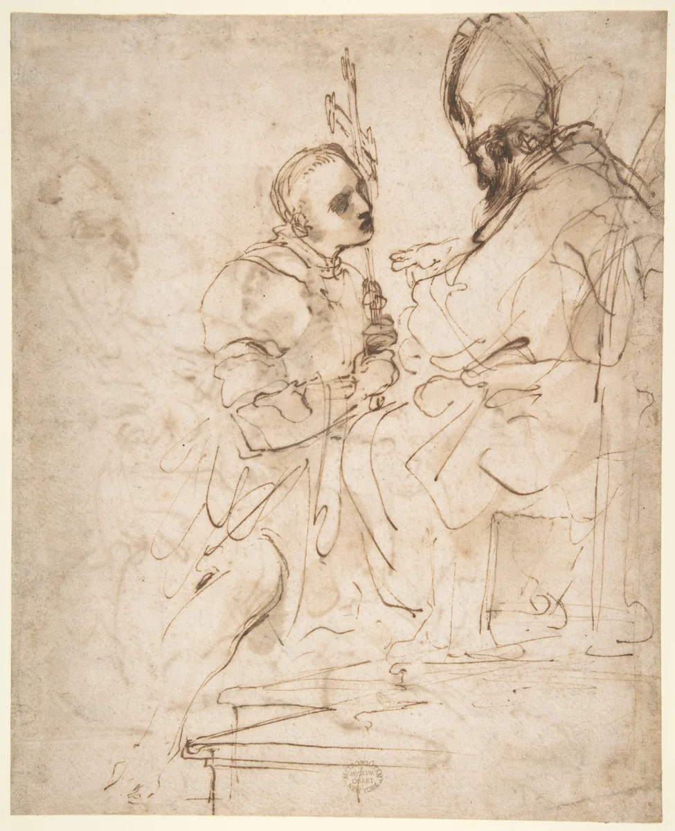 Youth Kneeling before a Prelate (recto); Another Study of a Youth Kneeling before a Prelate (verso) by Guercino, drawing, 1615-1625