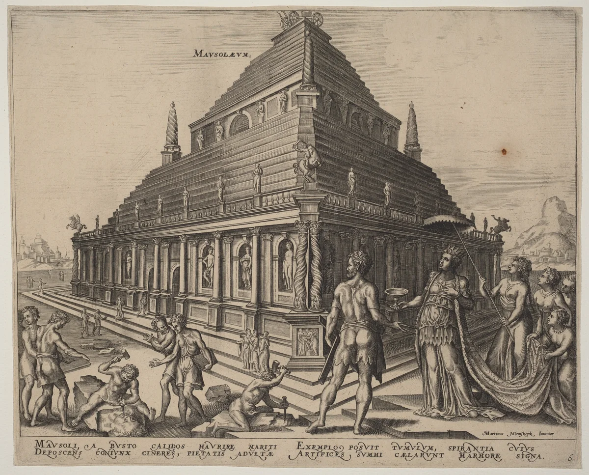 Mausolaeum (The Tomb of Mausolus at Halicarnassus) by Philip Galle, print, 1572