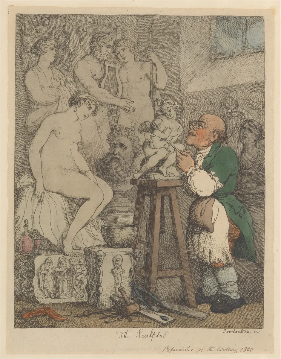 The Sculptor [Preparations for the Academy, Old Joseph Nollekens and his Venus] by Thomas Rowlandson, print, 1795-1805