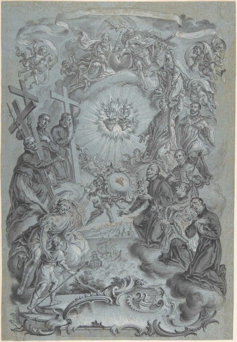 A Study for a Frontispiece: The Trinity and Saints surrounding the Sacred Hearts of Christ and the Virgin Mary, a Coastal Landscape Below by Vitus Felix Rigl, drawing, 1743-1779