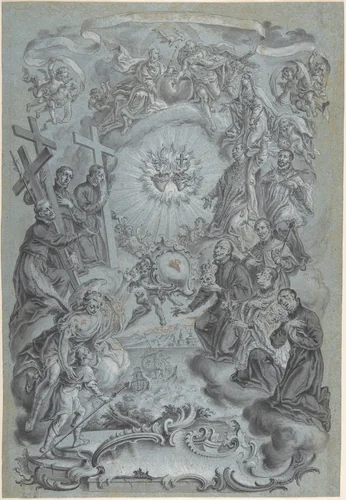 A Study for a Frontispiece: The Trinity and Saints surrounding the Sacred Hearts of Christ and the Virgin Mary, a Coastal Landscape Below by Vitus Felix Rigl, drawing, 1743-1779