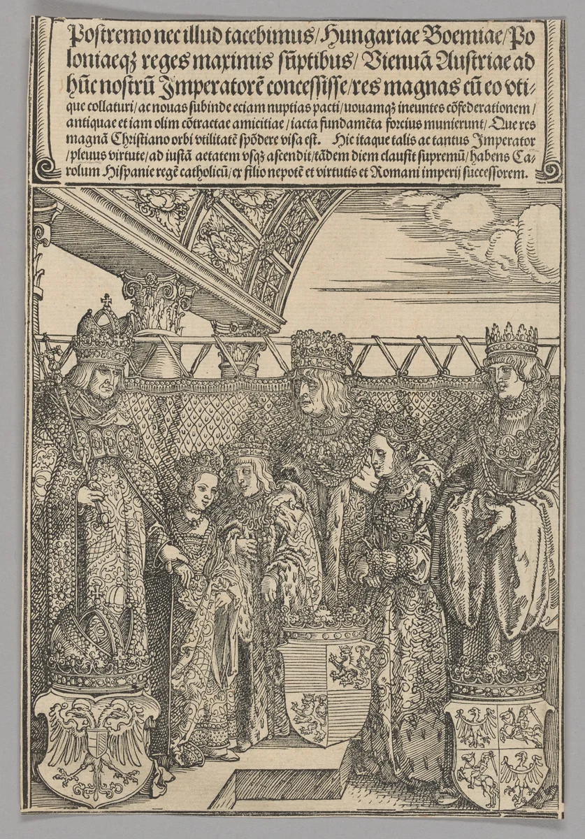 Congress and double Betrothal in Vienna, plate 23 from Historical Scenes from the Life of Emperor Maximilian I from the Triumphal Arch by Albrecht Dürer, print, 1515-1517
