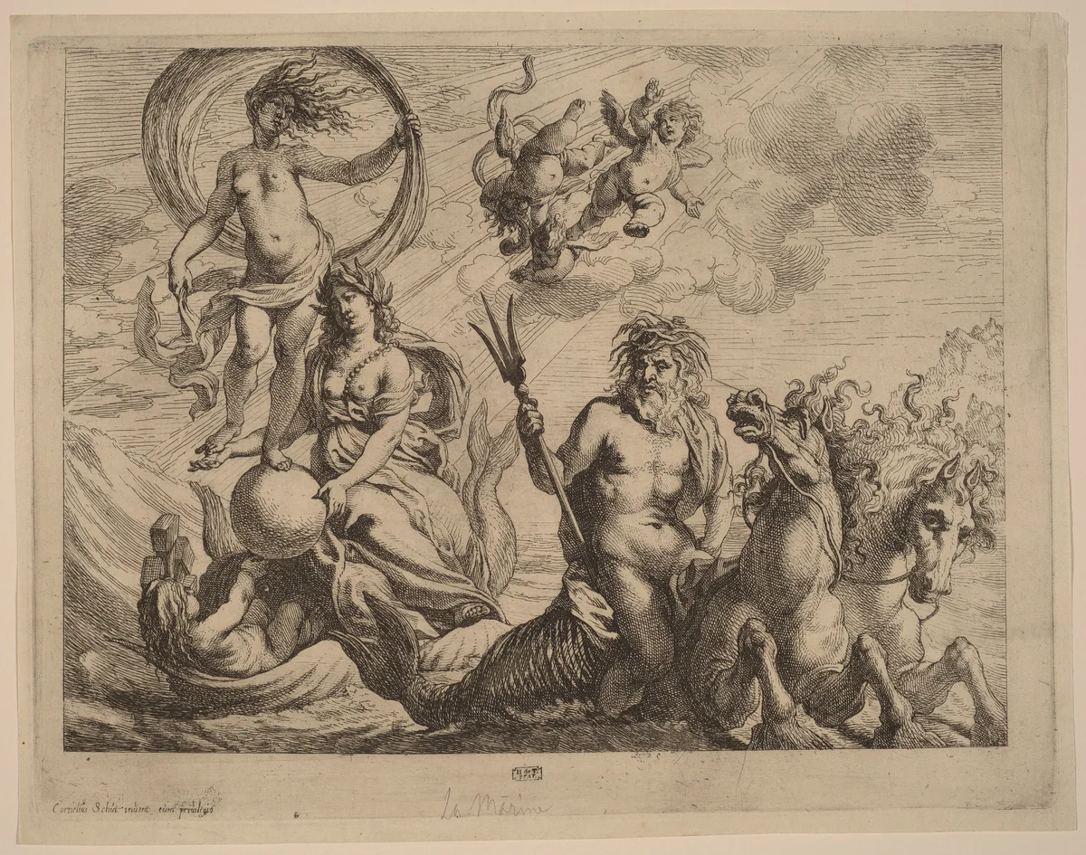 Neptune with Two Horses on the Sea by Cornelis Schut, print, 1597-1655