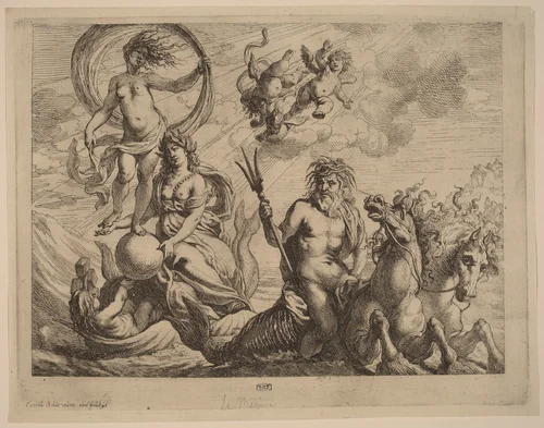 Neptune with Two Horses on the Sea by Cornelis Schut, print, 1597-1655