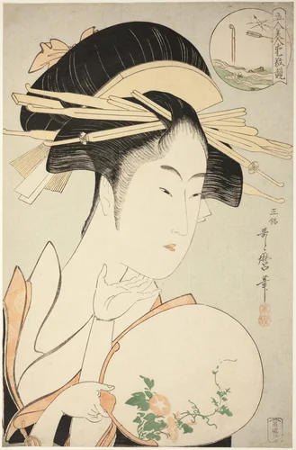 Kisegawa of the Matsubaya, from the series "Comparing the Charms of Five Beauties (Gonin bijin aikyo kurabe)" by Kitagawa Utamaro (喜多川歌麿), print, 1700-1801