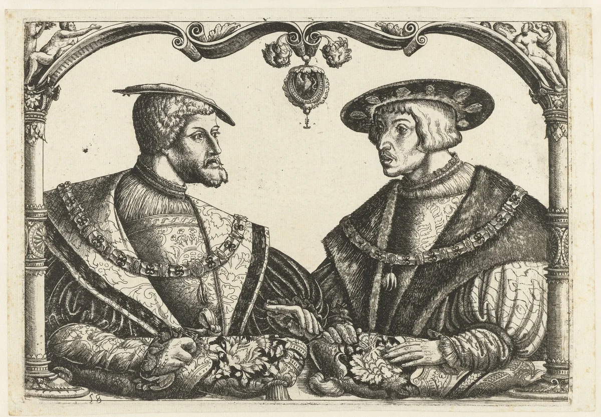 Karel V en Ferdinand I by Unknown, print, 1513-1553