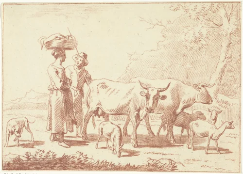 Herder en een vrouw met koeien en schapen by Cornelis van Noorde, print, 1768