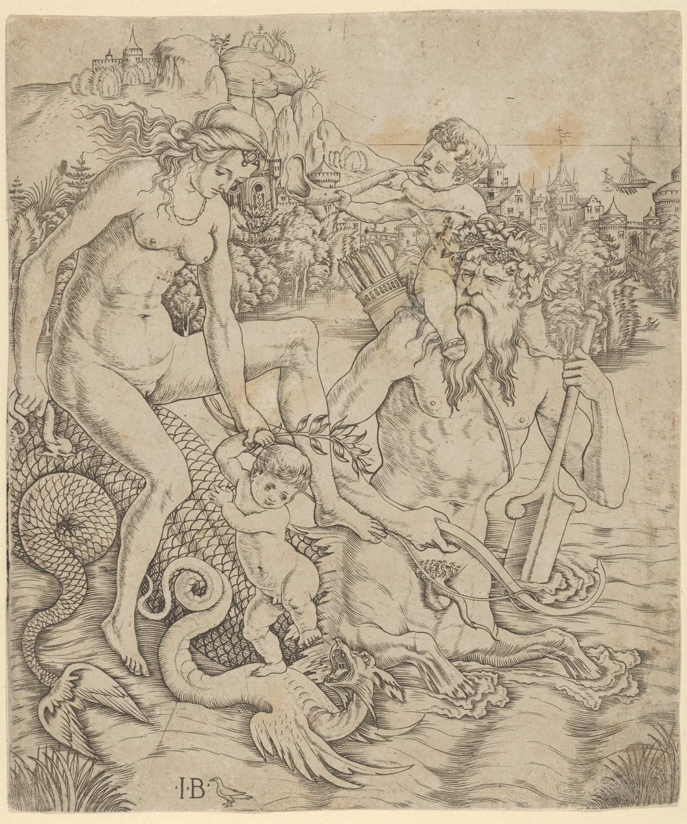 A triton family in the sea, with a mother and child seated on the back of a half-man, half-sea monster with a child blowing on a conch shell on his shoulders by Giovanni Battista Palumba, print, 1500-1510