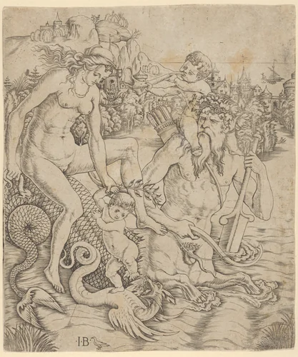 A triton family in the sea, with a mother and child seated on the back of a half-man, half-sea monster with a child blowing on a conch shell on his shoulders by Giovanni Battista Palumba, print, 1500-1510