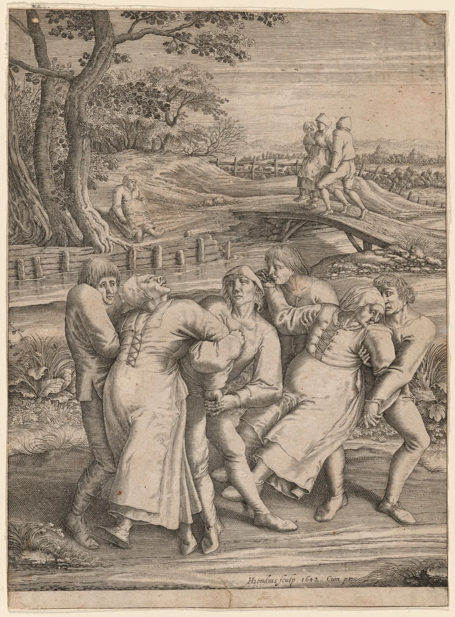 Epileptics Walking to the Left by Hendrik Hondius I; Pieter Bruegel the Elder, print, 1642
