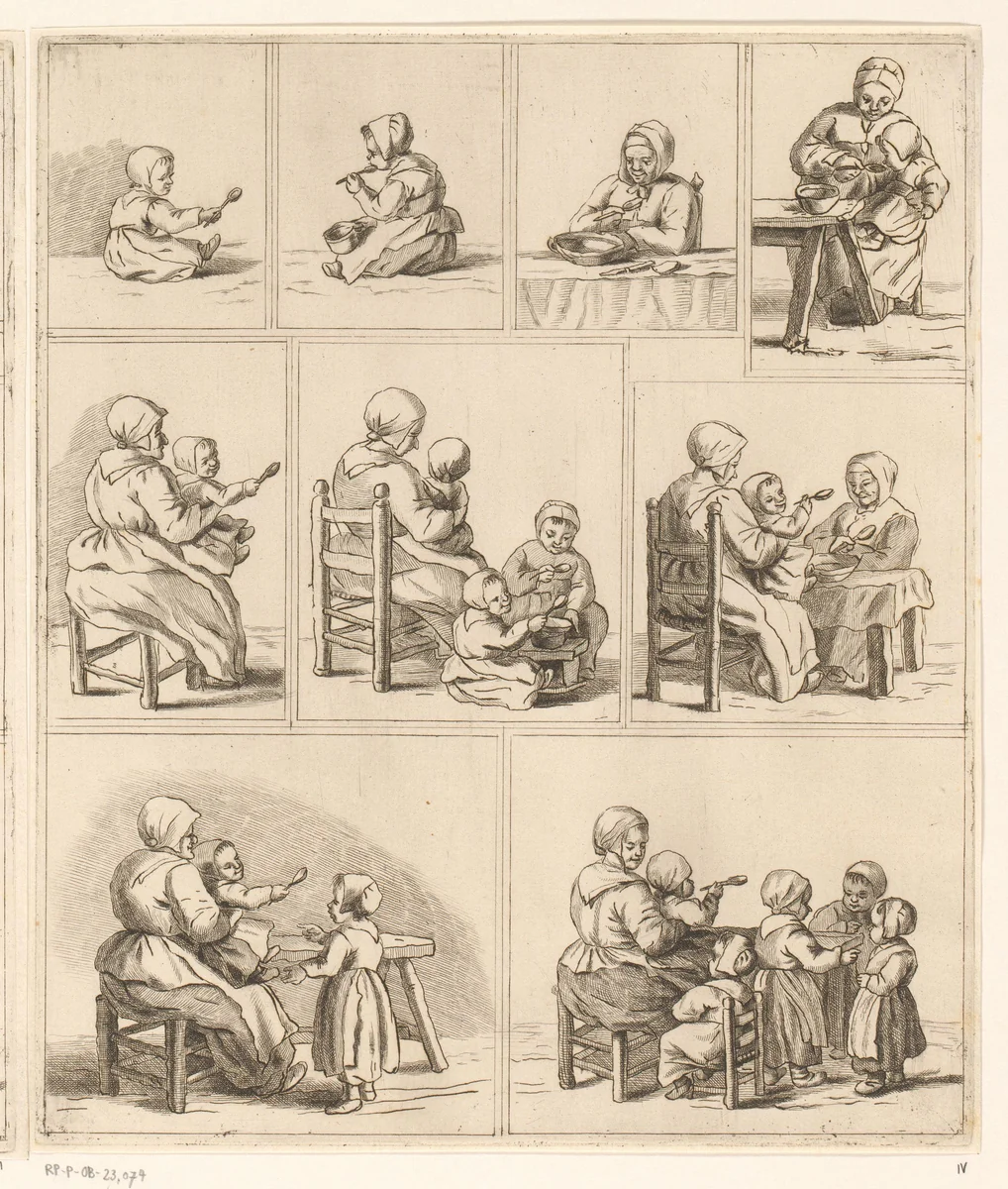 Negen voorstellingen van eten met een lepel by Pieter de Mare, print, 1768-1796
