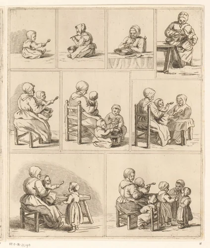 Negen voorstellingen van eten met een lepel by Pieter de Mare, print, 1768-1796
