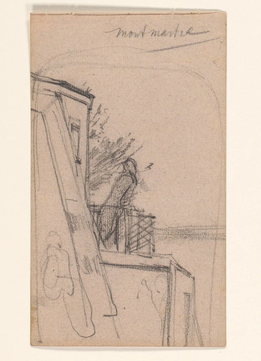 Figuur op een balkon in Montmartre, Parijs by August Allebé, drawing, 1857-1859