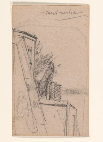 Figuur op een balkon in Montmartre, Parijs by August Allebé, drawing, 1857-1859