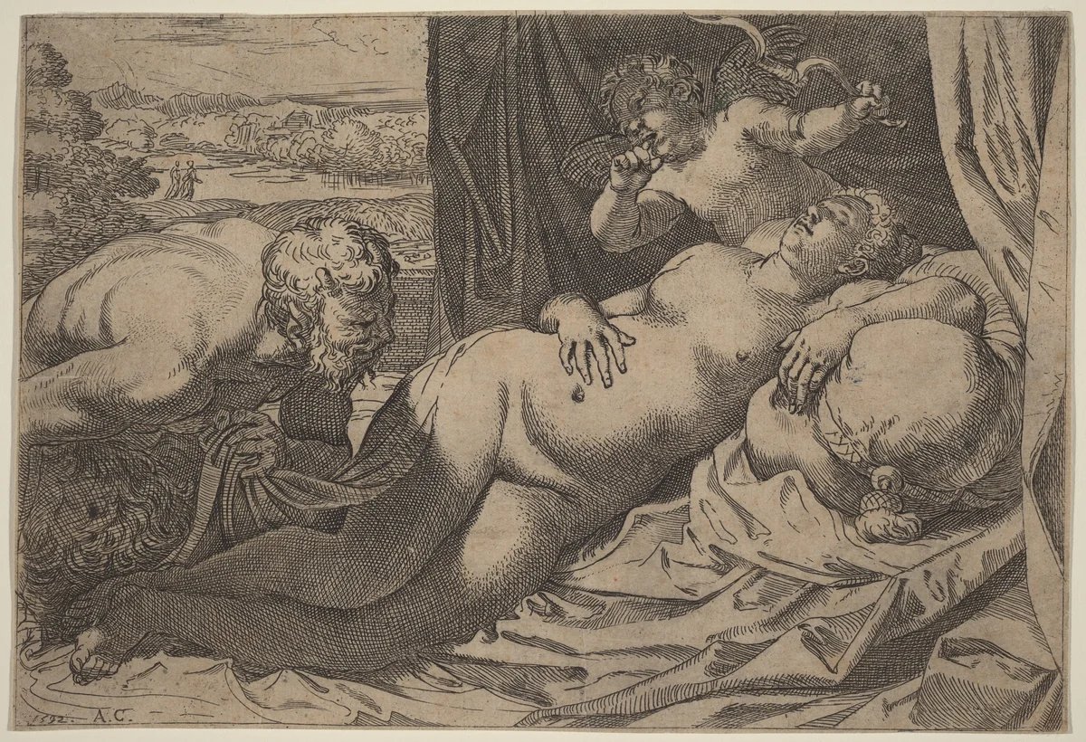 Venus and a Satyr by Annibale Carracci, print, 1592
