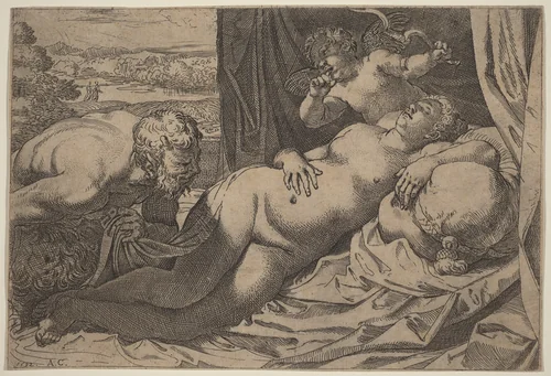 Venus and a Satyr by Annibale Carracci, print, 1592