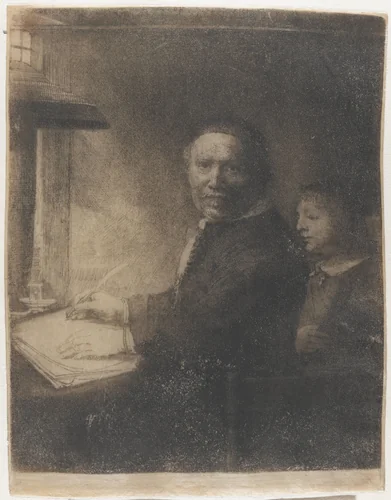 Lieven Willemsz. van Coppenol, writing master: the smaller plate by Rembrandt van Rijn, print, 1658