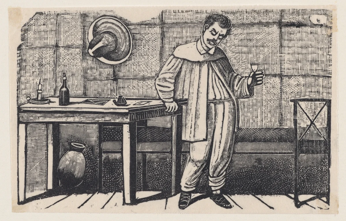 A man with a glass in his hand looking downwards and leaning on a table, an illustration from 'El huérfano' by José Guadalupe Posada, print, 1875-1885