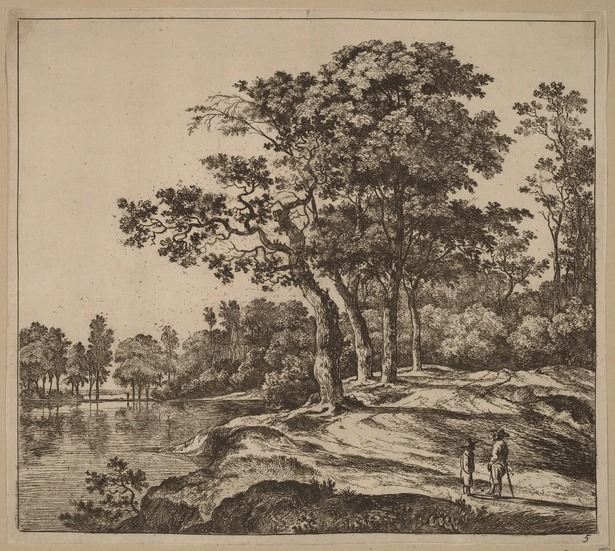 Landscape with Four Trees by Jan Hackaert, print, 1628-1699