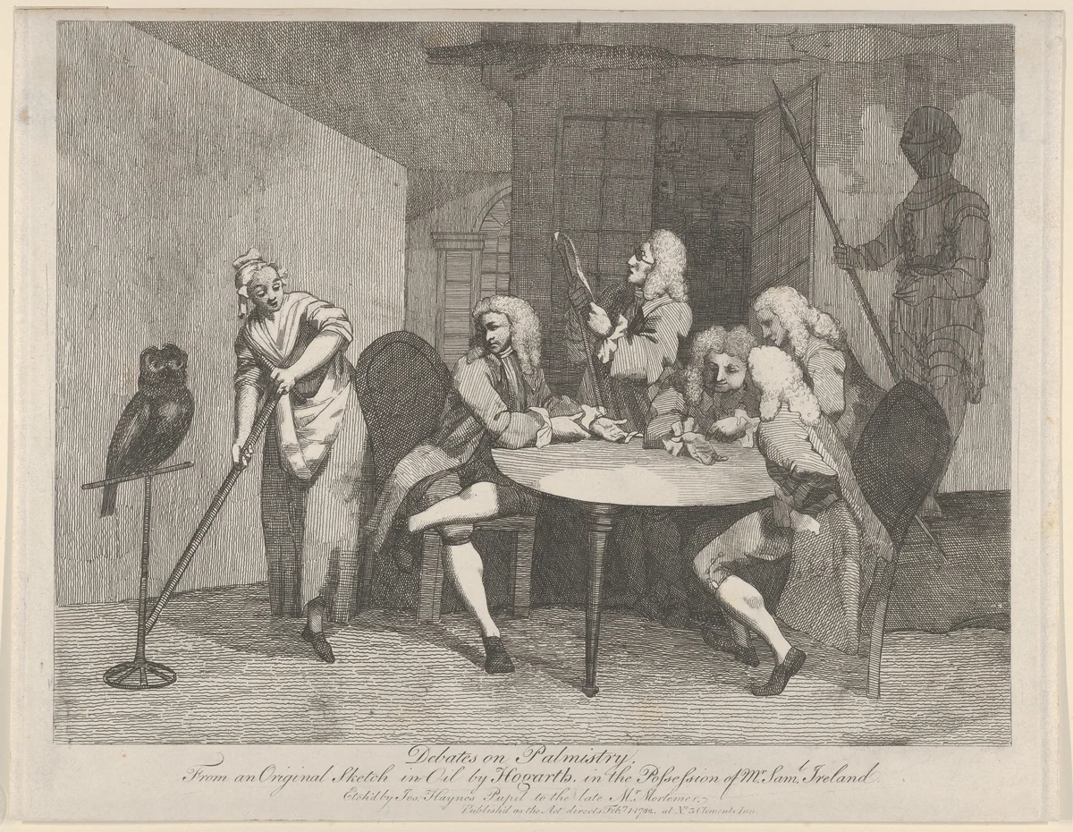 Debates on Palmistry by Joseph Haynes, print, 1782