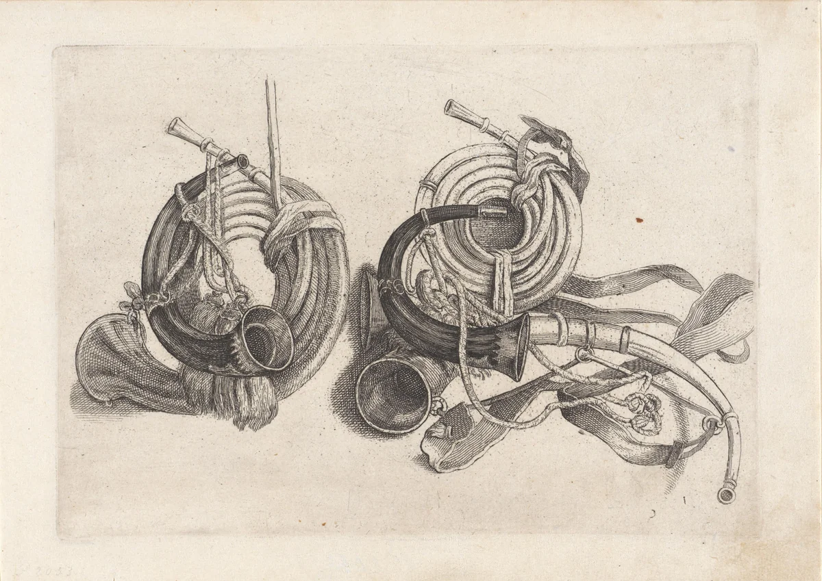 Vijf jachthoornen by Wenceslaus Hollar, print, 1646-1647