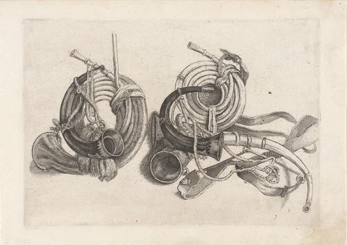 Vijf jachthoornen by Wenceslaus Hollar, print, 1646-1647
