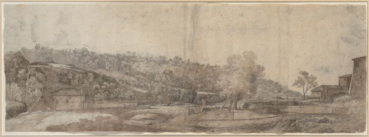 Italian Landscape with Buildings and Figures by Nicolas Didier Boguet, drawing, 1765-1839