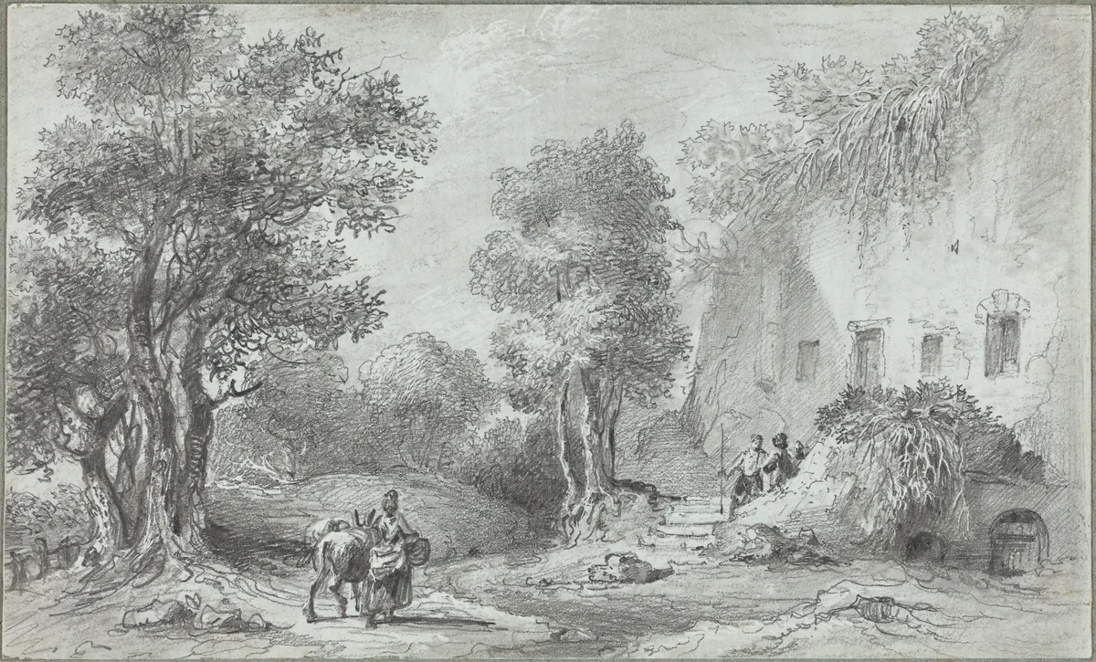 Landscape with Peasants before an Inn by Aignan-Thomas Desfriches, drawing, 1768