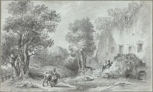 Landscape with Peasants before an Inn by Aignan-Thomas Desfriches, drawing, 1768