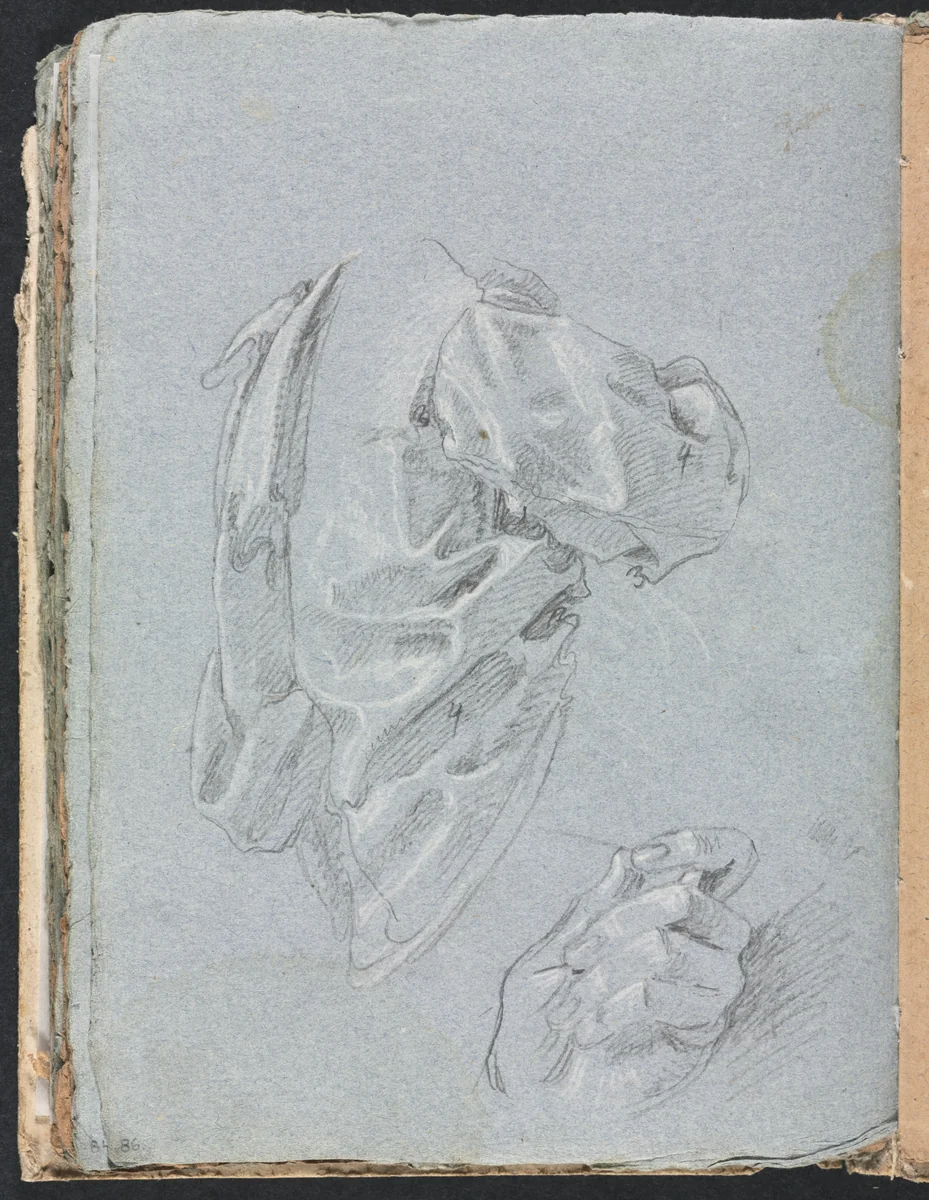 Verona Sketchbook: Drapery study with left hand (page 86) by Francesco Lorenzi, book, 1760
