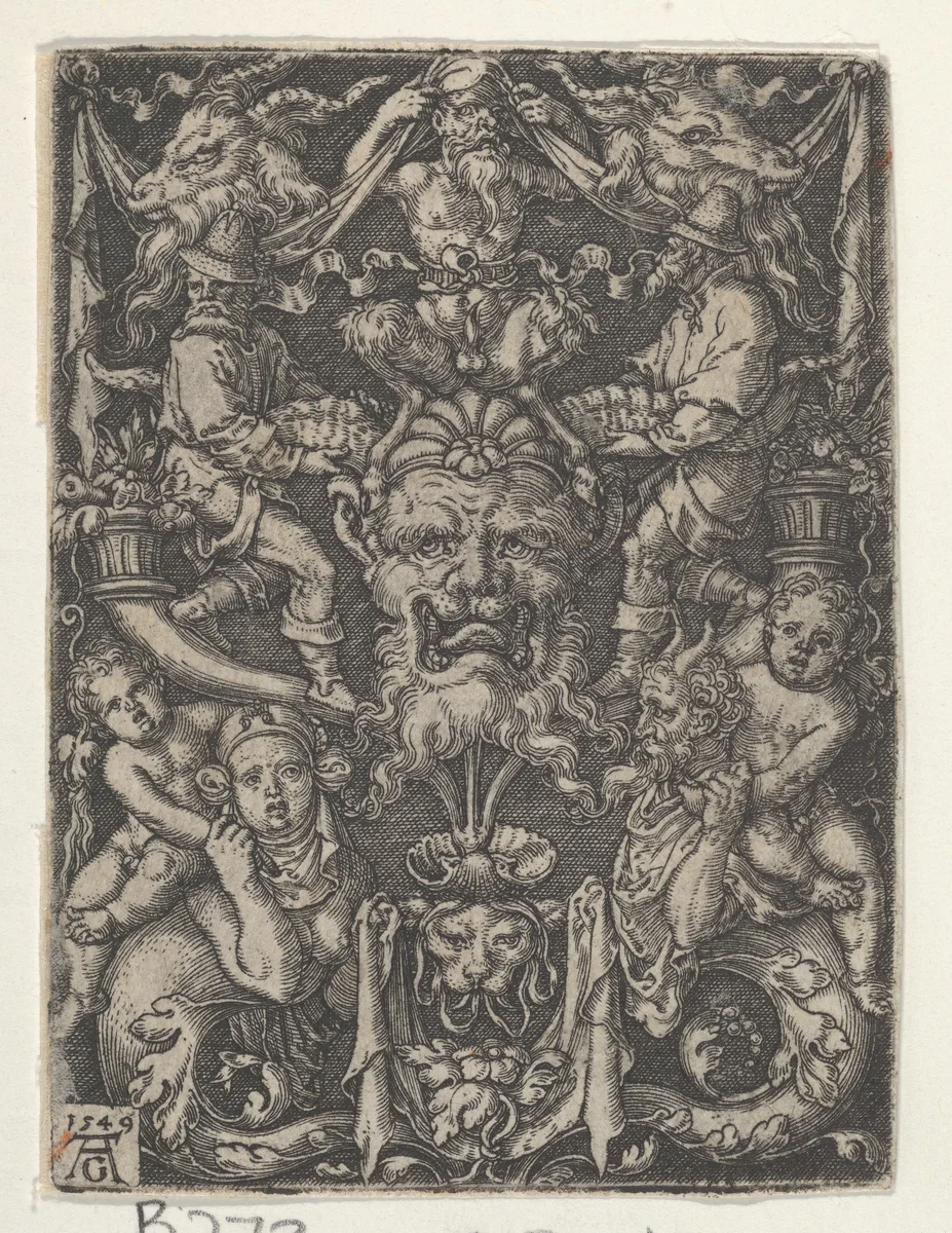Panel with Grotesque Candelabrum Containing a Mask, a Couple of Tritons and Two Children by Heinrich Aldegrever, print, 1549