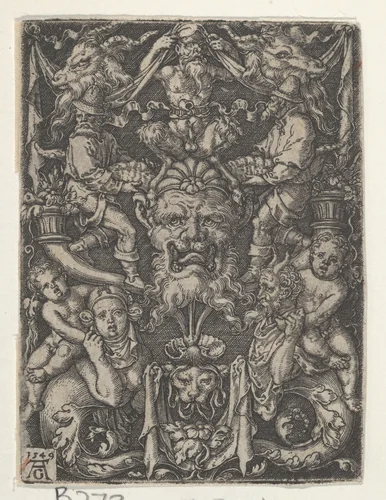 Panel with Grotesque Candelabrum Containing a Mask, a Couple of Tritons and Two Children by Heinrich Aldegrever, print, 1549