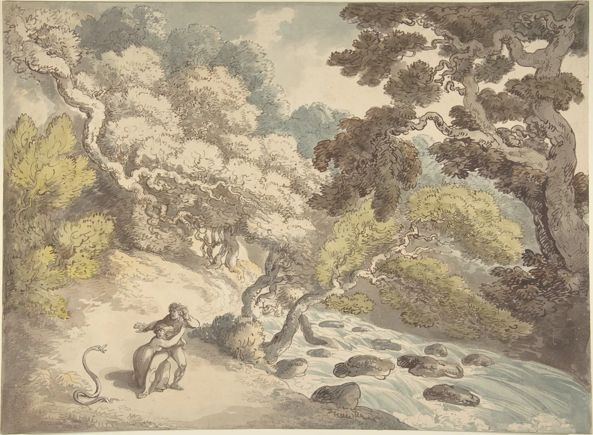 Landscape with rushing stream and a couple on the bank, frightened by a snake by Thomas Rowlandson, drawing, 1775-1827