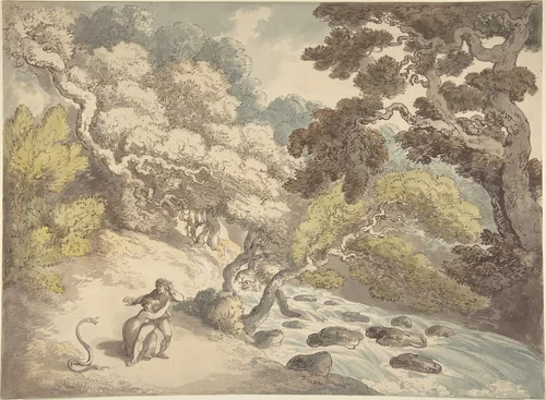 Landscape with rushing stream and a couple on the bank, frightened by a snake by Thomas Rowlandson, drawing, 1775-1827