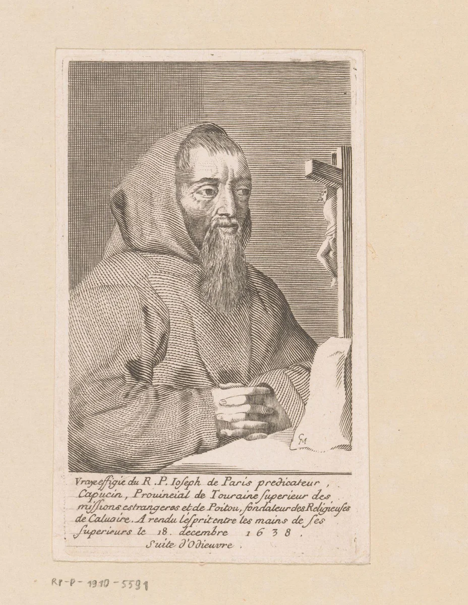 Portret van François Leclerc du Tremblay, genaamd Père Joseph, bij een kruis by anonymous, print, 1755-1765