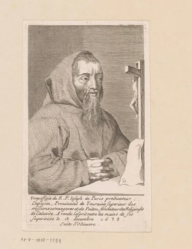 Portret van François Leclerc du Tremblay, genaamd Père Joseph, bij een kruis by anonymous, print, 1755-1765