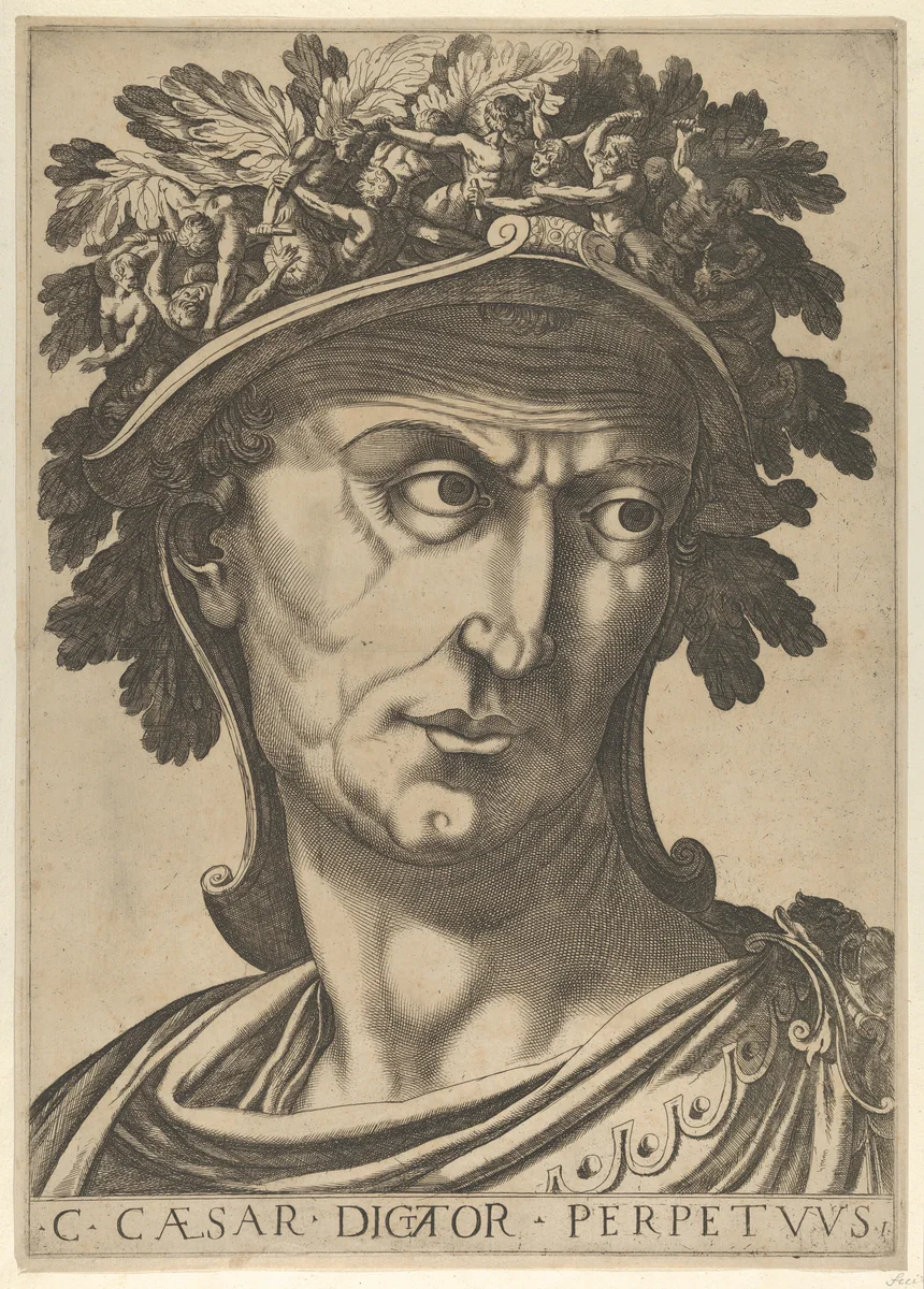 Plate 1: Julius Caesar looking to the right, from 'The Twelve Caesars' by anonymous, print, 1610-1640