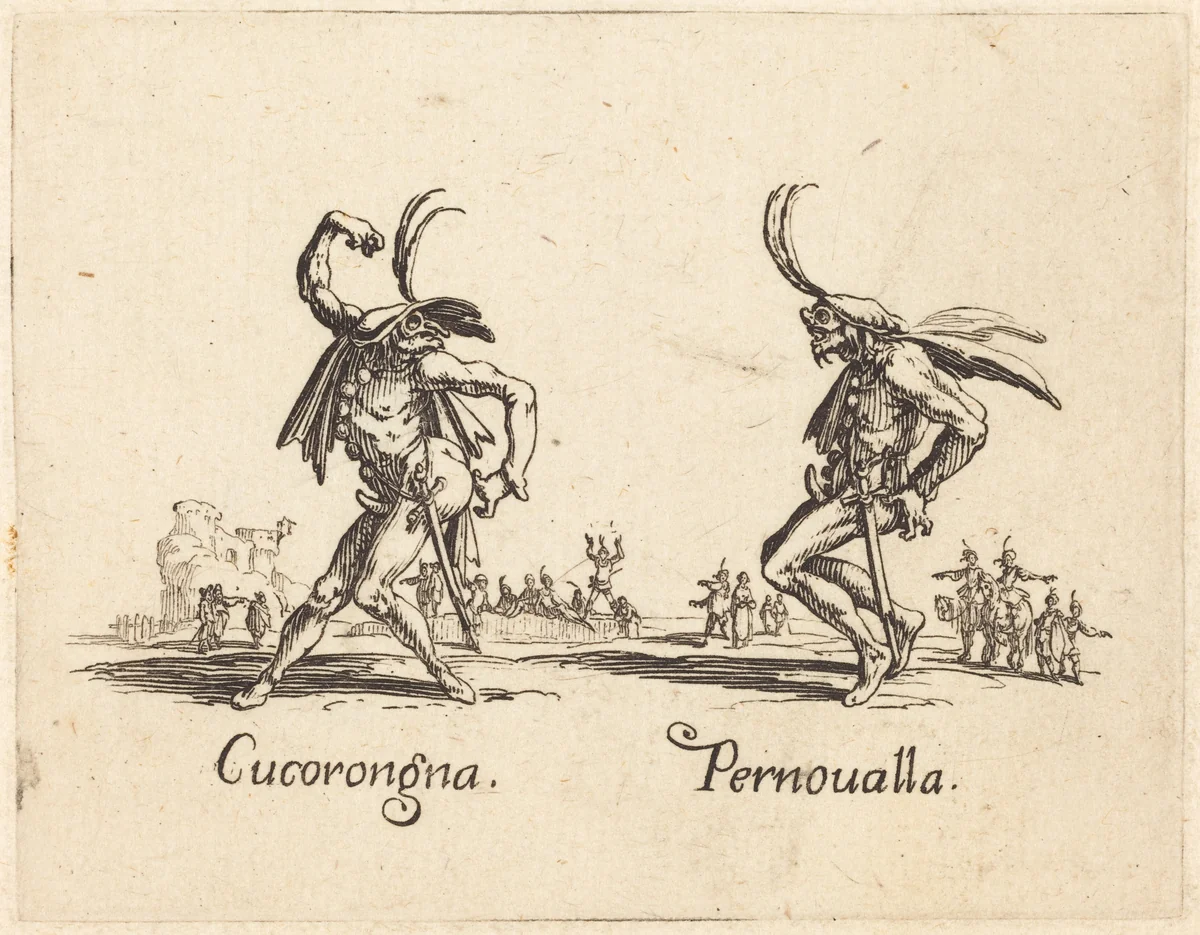 Cucorongna and Pernoualla by Jacques Callot, print, 1622