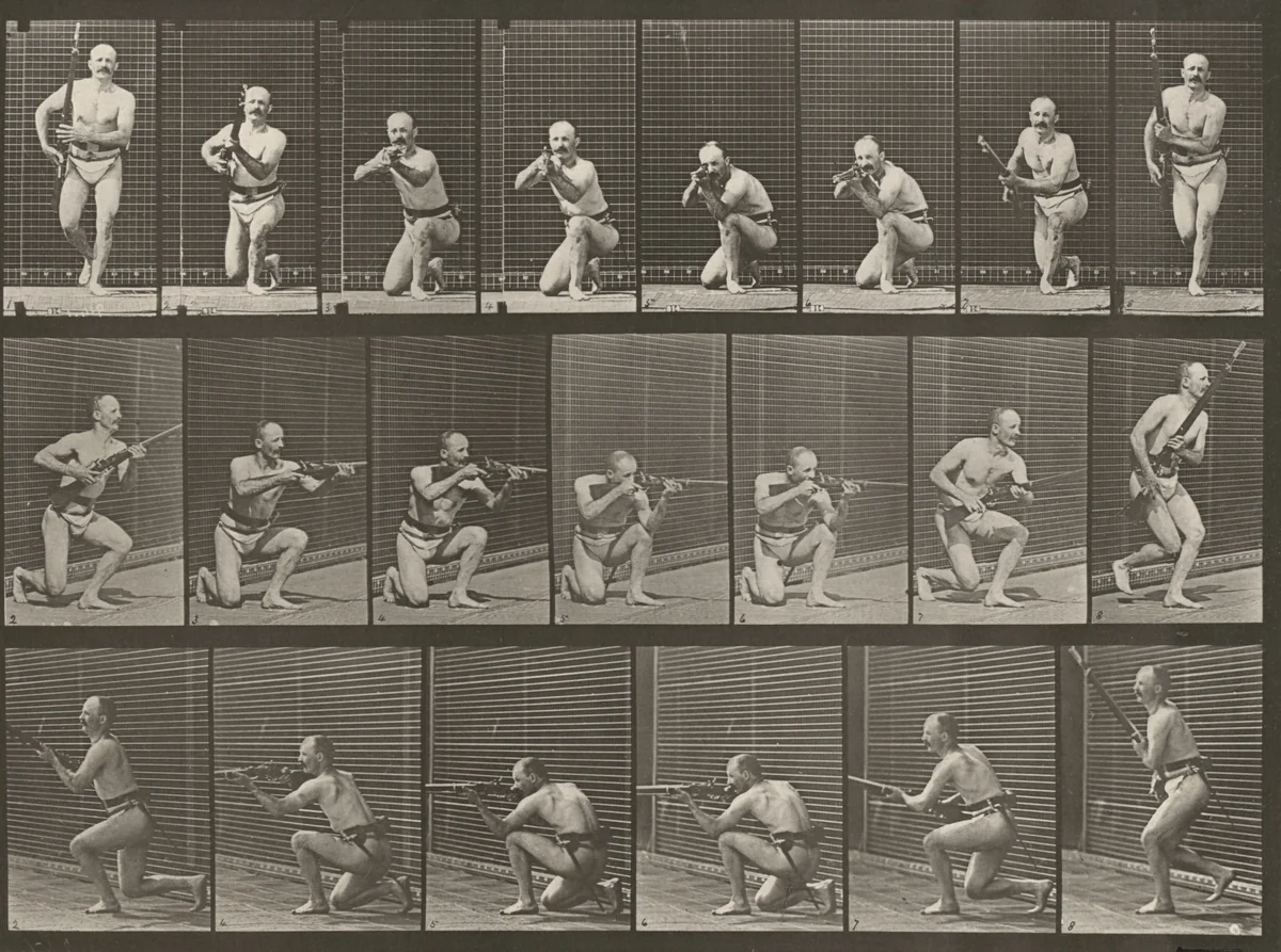 Plate Number 356. Kneeling, firing and rising by Eadweard Muybridge, photograph, 1887