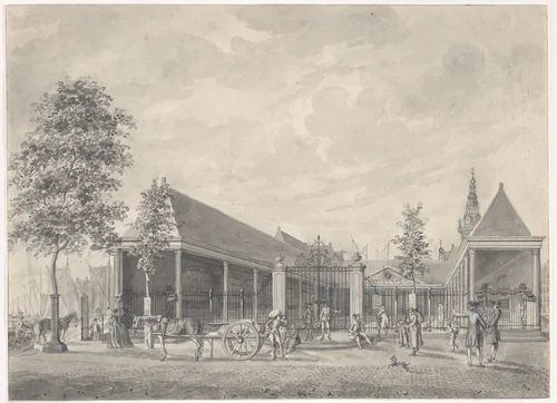 A View of the Nieuwe Korenbeurs on the Damrak, Amsterdam, the Tower of the Oude Kerk Beyond by Hermanus Petrus Schouten, drawing, 1747-1822