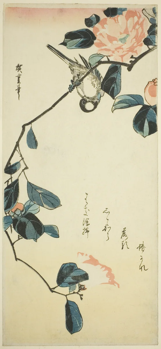 Bullfinch on camellia branch by Utagawa Hiroshige (歌川広重), print, 1830-1833