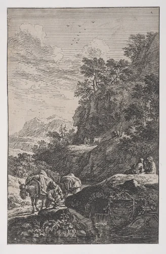 Plate 1: a peasant checking the hoof of his mule by a stream, from 'Landscapes in the manner of Salvator Rosa' (Die Landschaften in Sal. Rosa's) by Franz Joachim Beich, print, 1695-1730